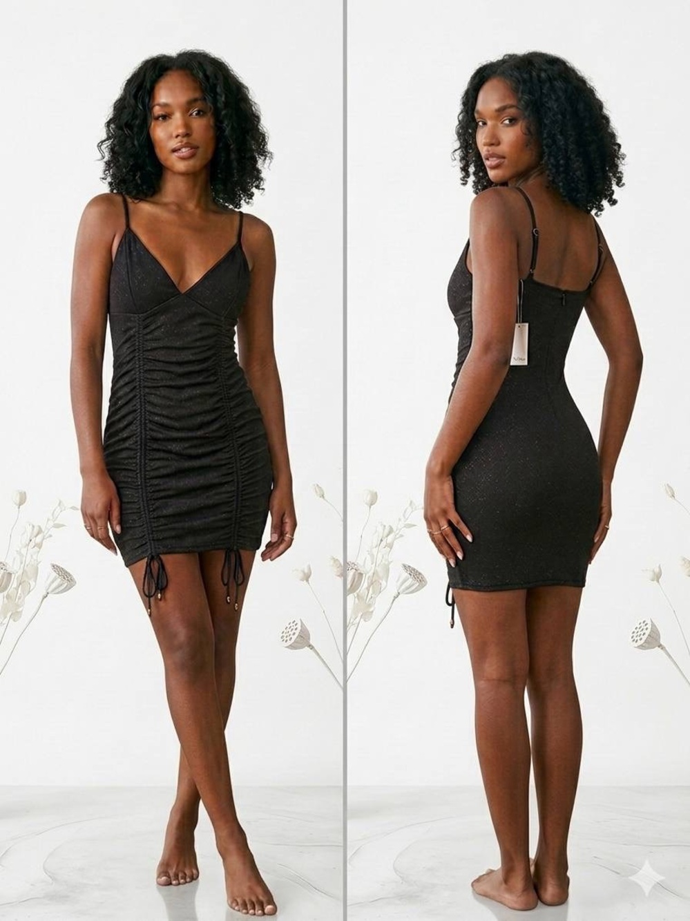 Heart Hips Black Sparkle Ruched Mini Dress